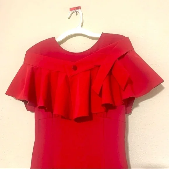 DONNA RICCO Rare Red ruffled removable shoulder sheath dress women’s size 8P - Picture 2 of 12